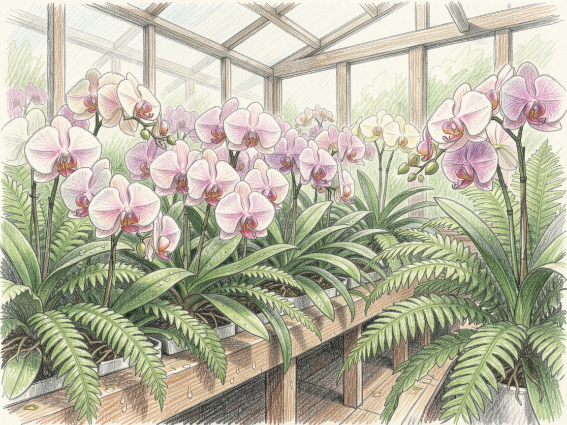 A greenhouse filled with rows of blooming orchids and ferns, with delicate details that reward a closer look, radiating comfort, joy, and quiet beauty.
