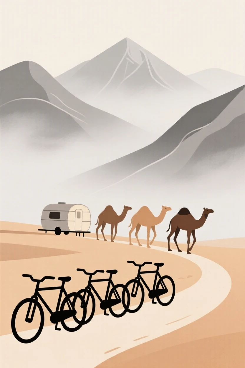 A journey through a misty mountain pass toward a desert caravan, passing a row of parked bicycles, full of wanderlust.
