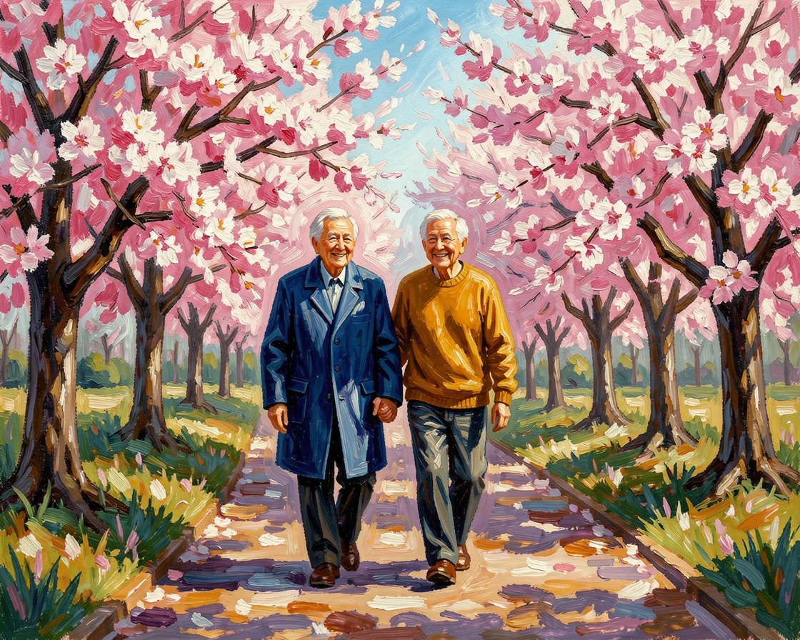 Two elderly friends walking arm in arm through a park lined with blooming cherry trees.