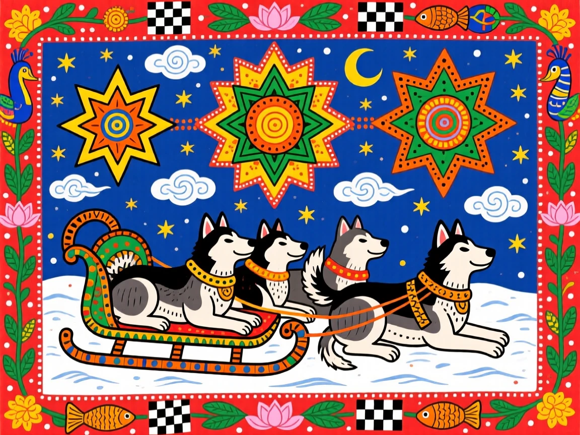 A husky sled team resting beneath a sky full of stars.