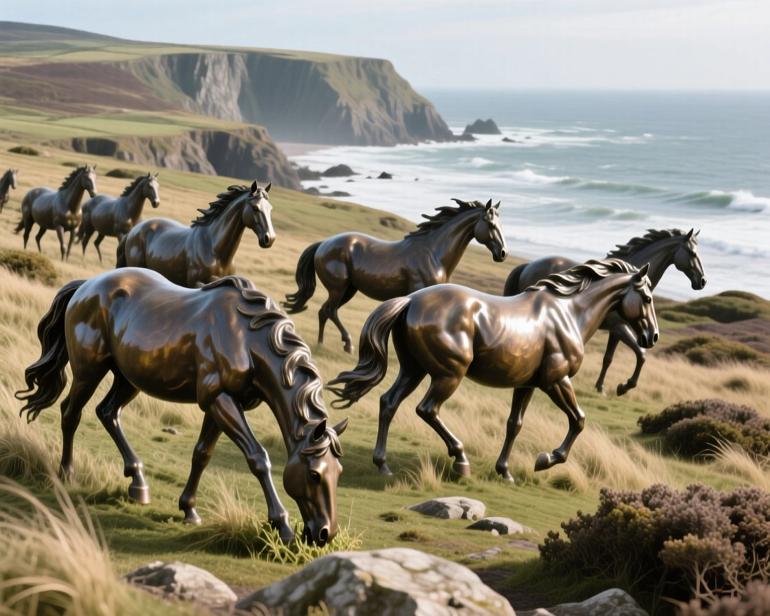A herd of wild ponies grazing on a windswept coastal moor, set against a breathtaking natural backdrop, evoking wonder and majesty
