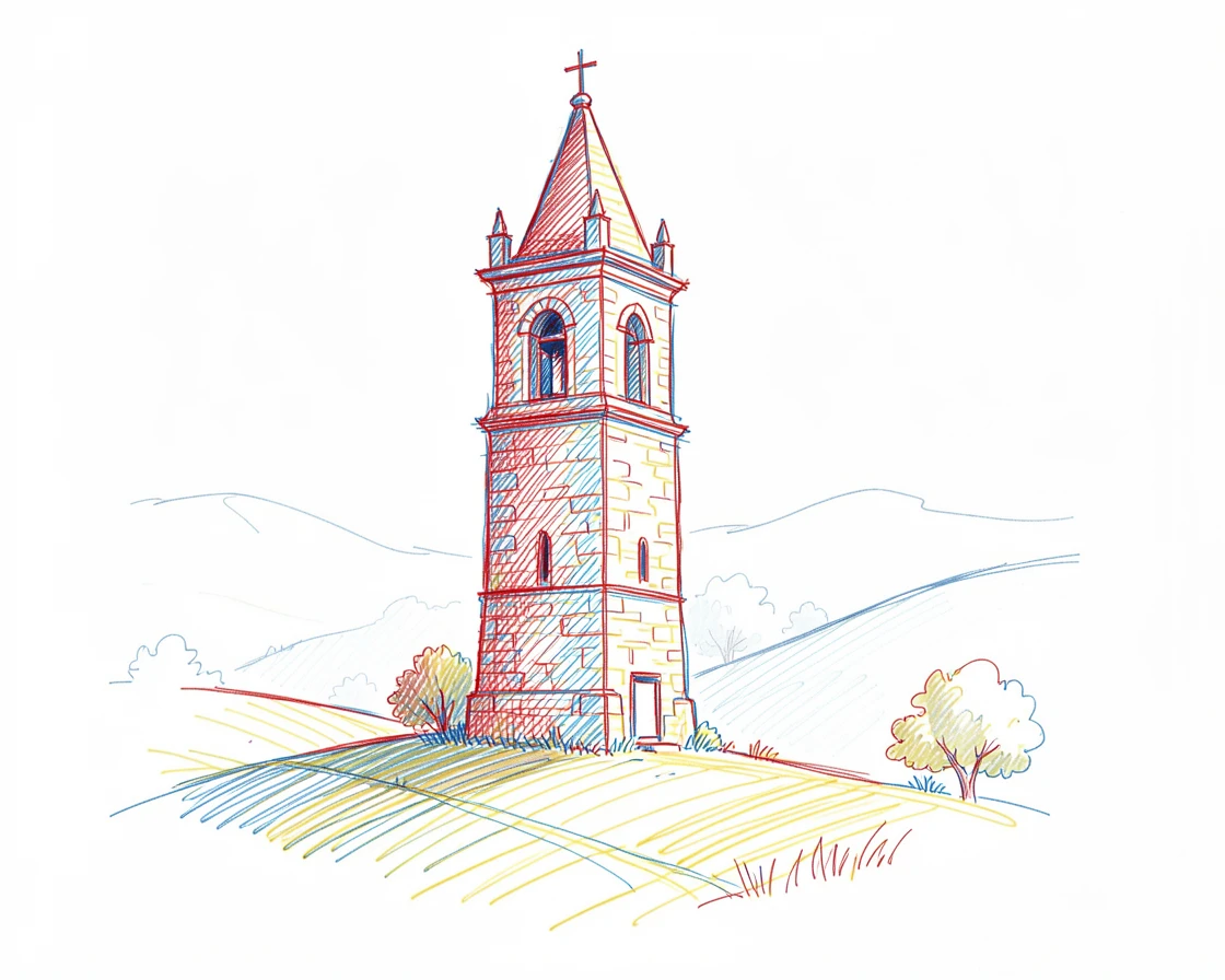 An old stone bell tower rising above a misty countryside