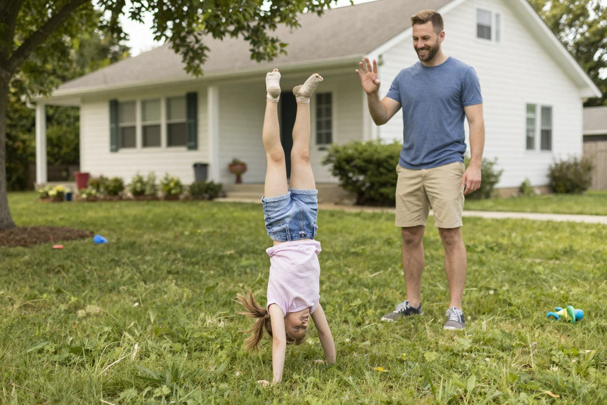 A girl practices cartwheels on the front lawn while her dad counts her attempts.