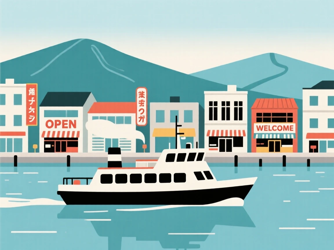A view of a ferry crossing open water at a vibrant Asian city street, framed by distant mountain peaks, capturing timeless nostalgia.
