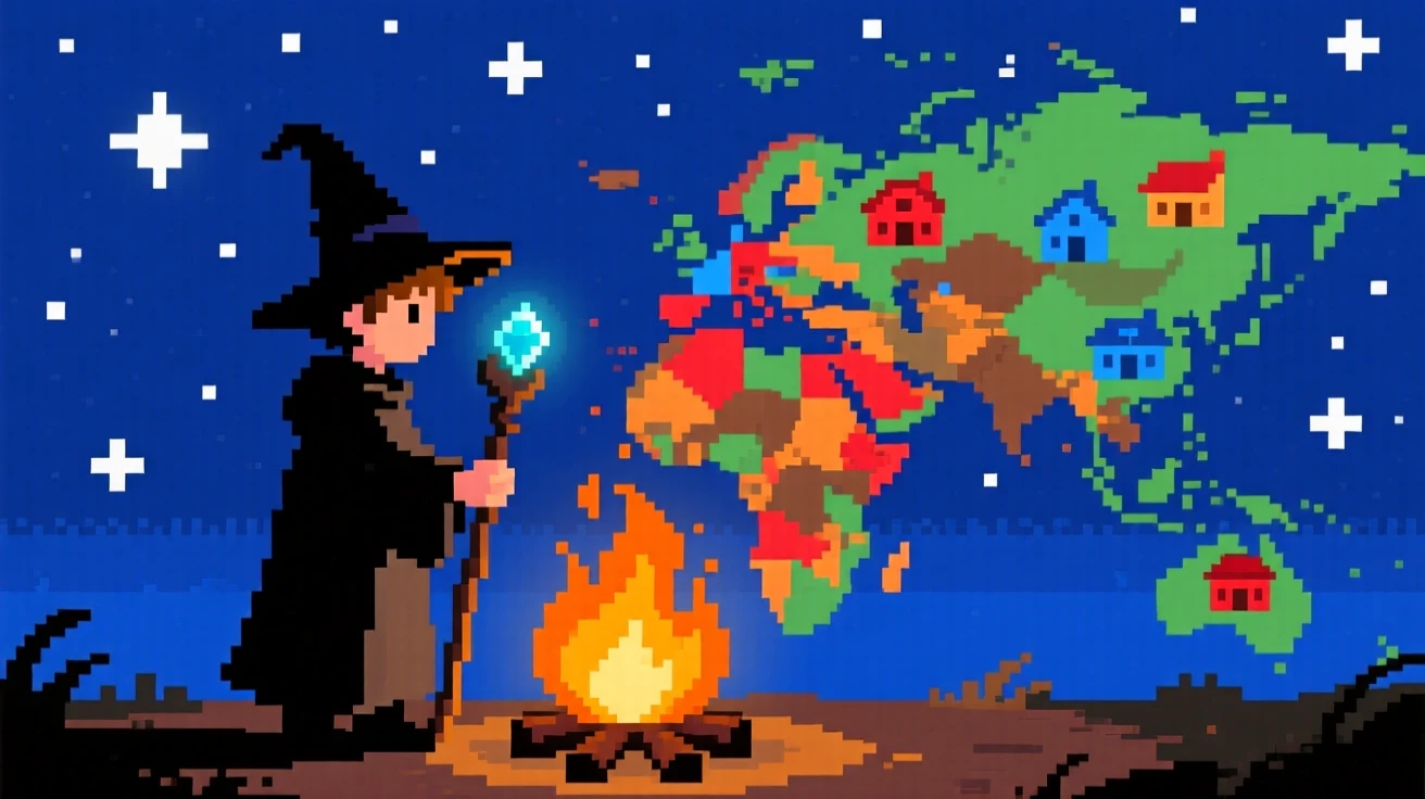 A young mage leveling up beside a campfire under starlight, on a colorful world map dotted with towns.