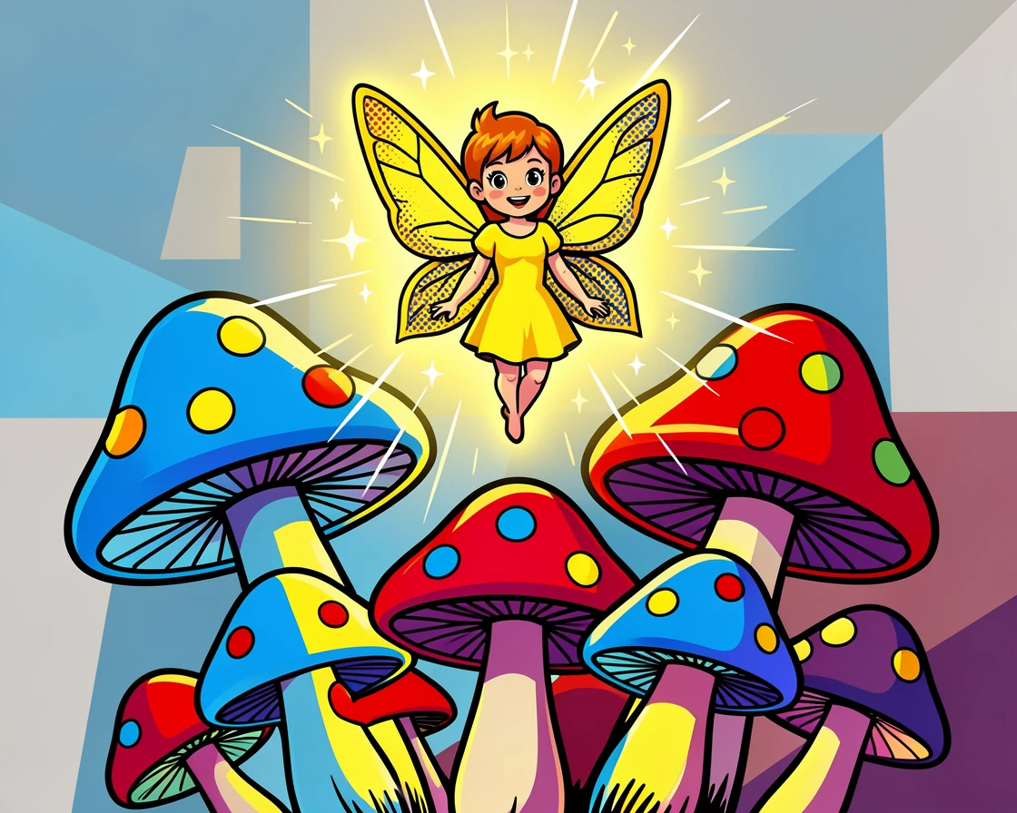 A lit fairy hovering above magical mushrooms