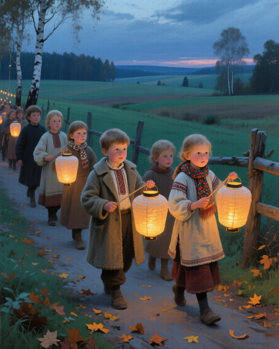 A medium shot of children carrying paper lanterns during an evening festival procession, in the Russian countryside, in the Edwardian era.
