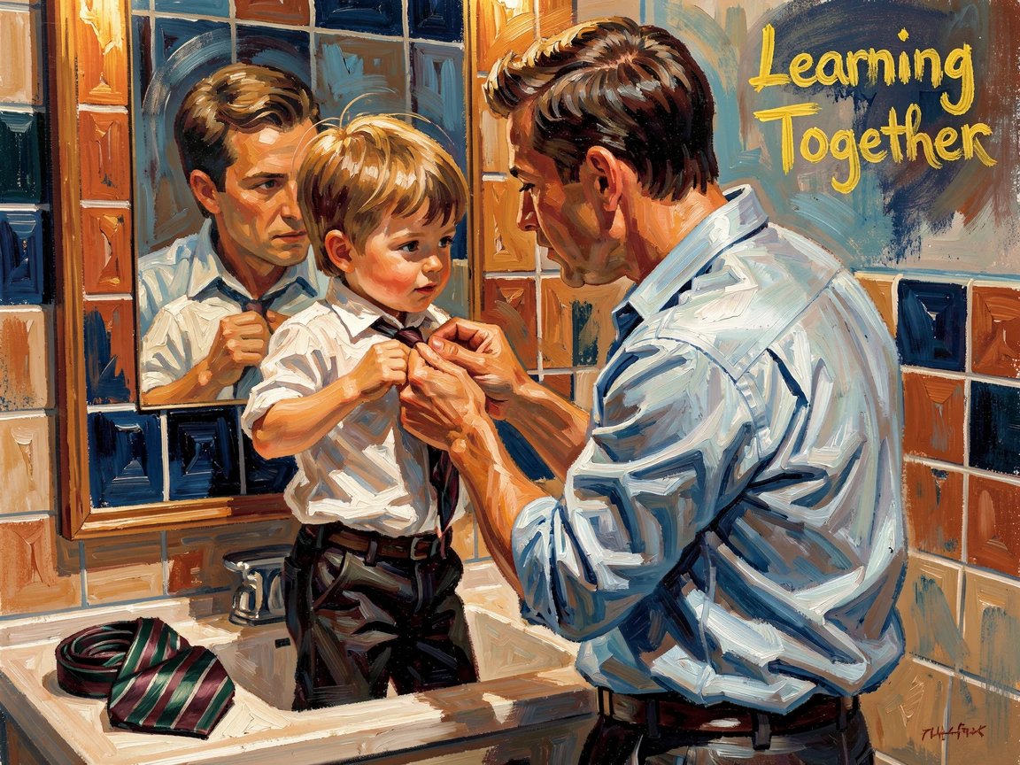 A father teaching his son to tie a necktie in front of a bathroom mirror.