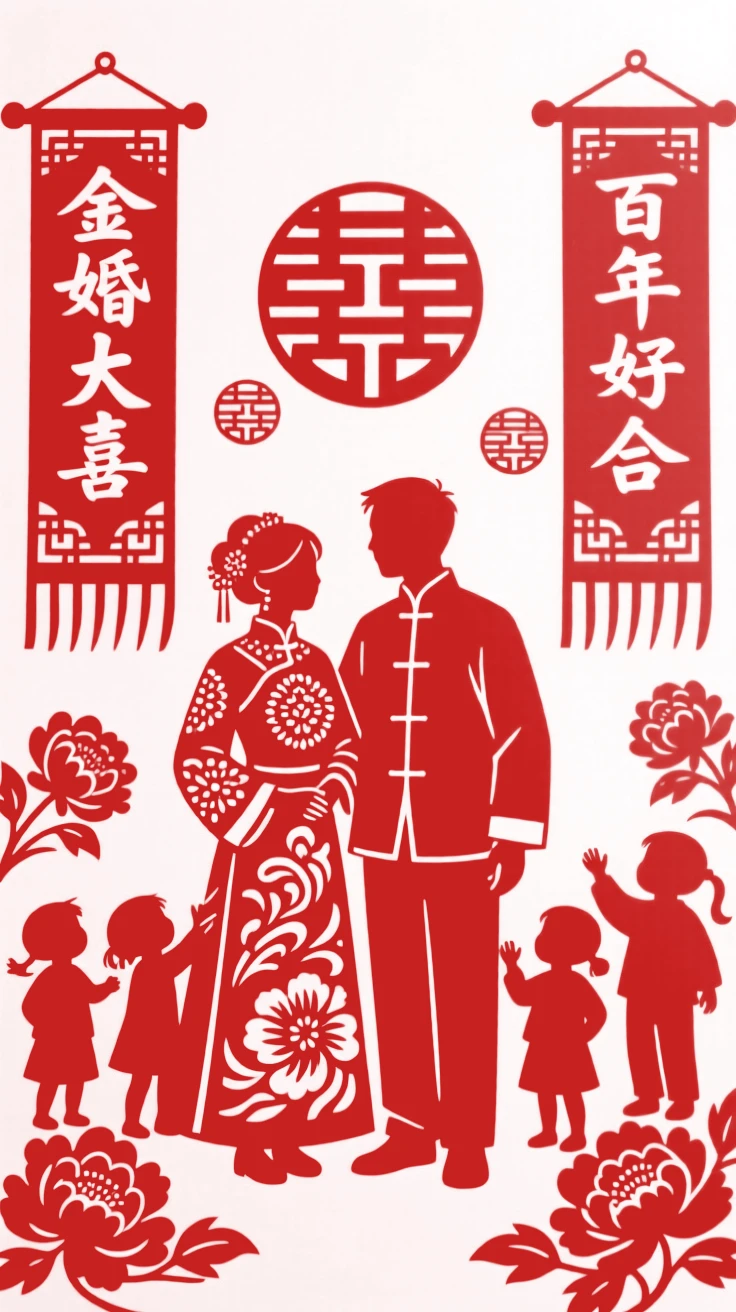 A married couple celebrating their golden anniversary surrounded by children and grandchildren, red banners hung behind them