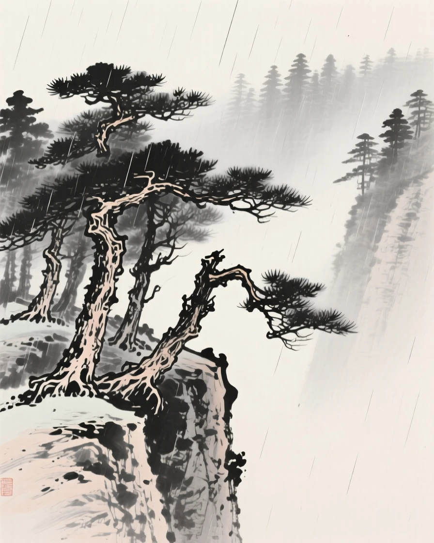 A cluster of weathered pines clinging to a steep cliff face while a light rain blurs the distant tree line, viewed from a high vantage point looking down across the whole scene, conveying calm reflection and gentle isolation.
