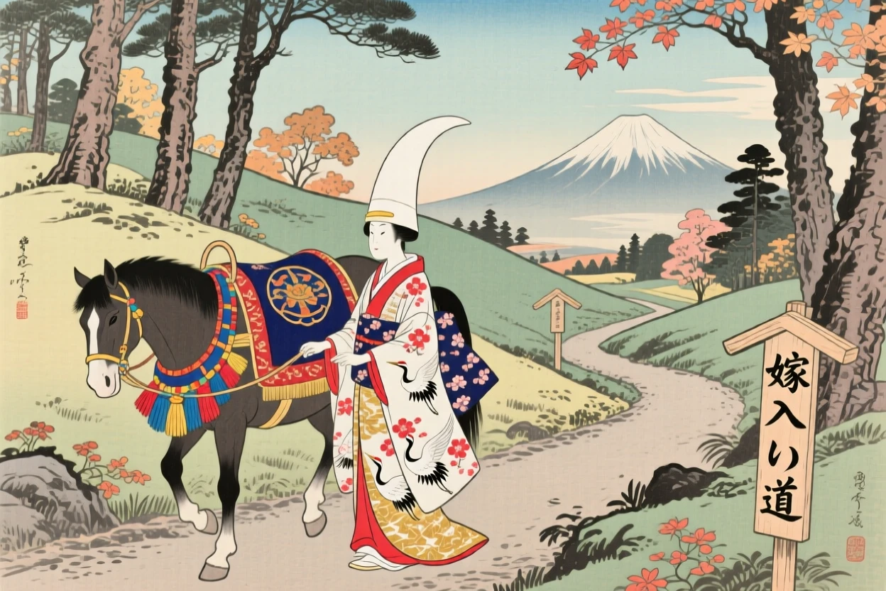 A bride in ceremonial dress leading a loaded packhorse along a trail.