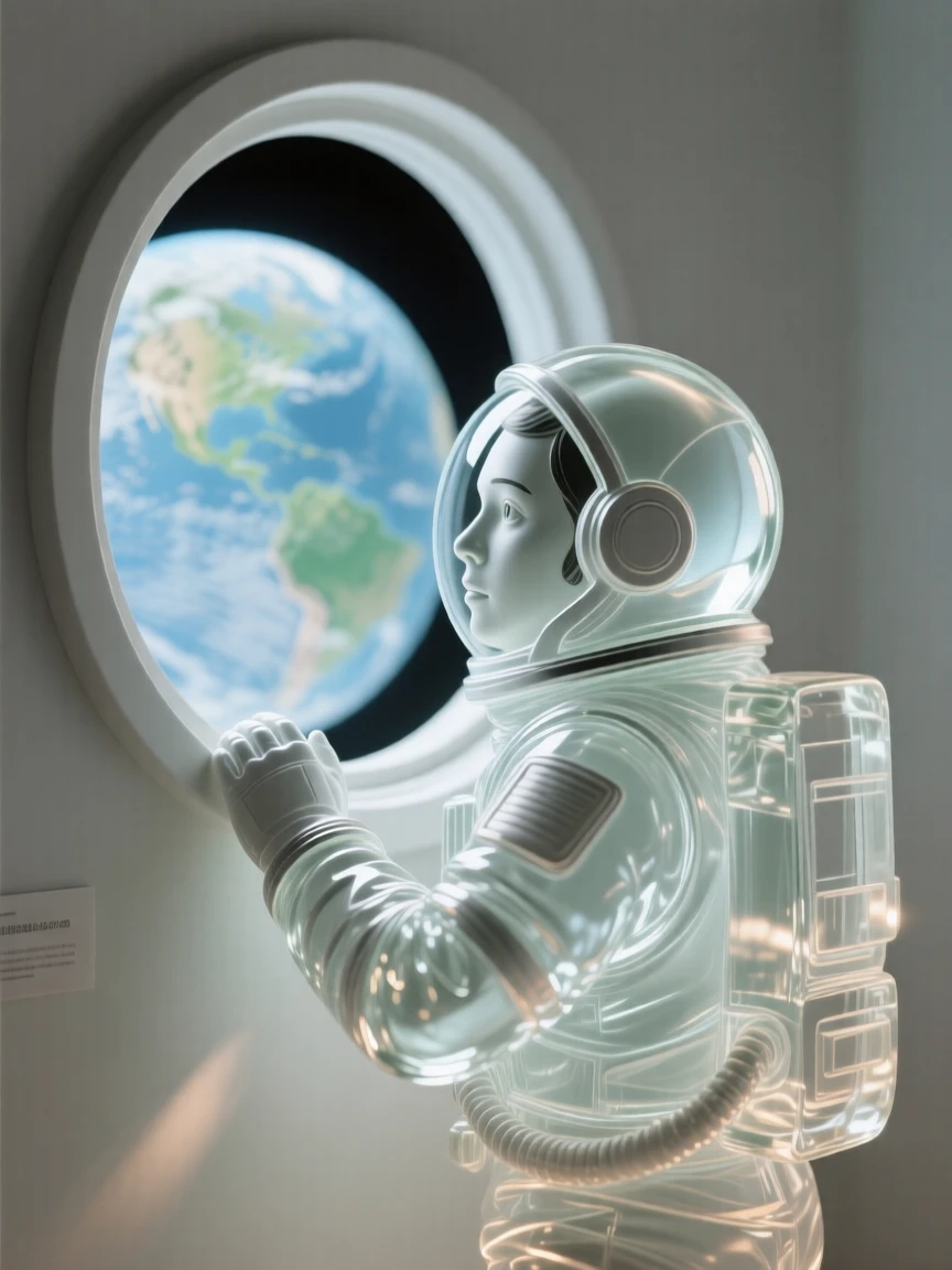 An astronaut gazing back at Earth through a window, softly lit by warm natural light, shallow depth of field isolating the subject, expression full of genuine emotion.
