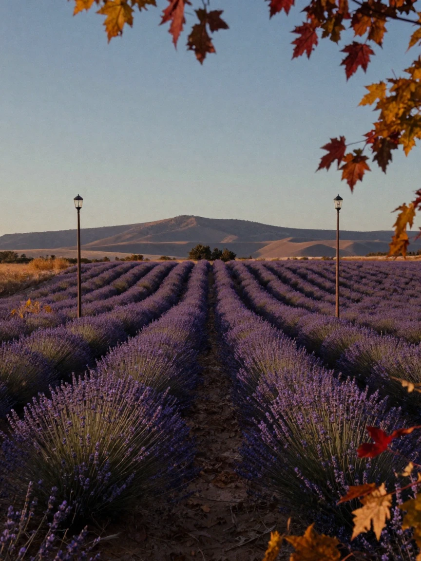 A field of blooming lavender stretching toward distant hills, in low lamplight, on a clear, cloudless day, as autumn leaves turn gold and red, in cool blues and silvery greys, framed symmetrically down a long corridor.