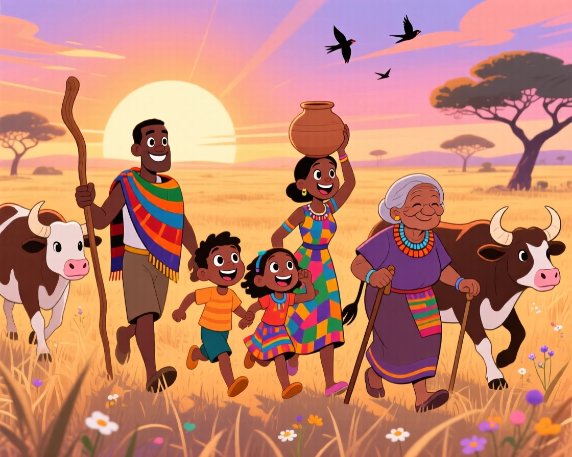 A family in Kenya herding cattle across the savanna at sunrise.