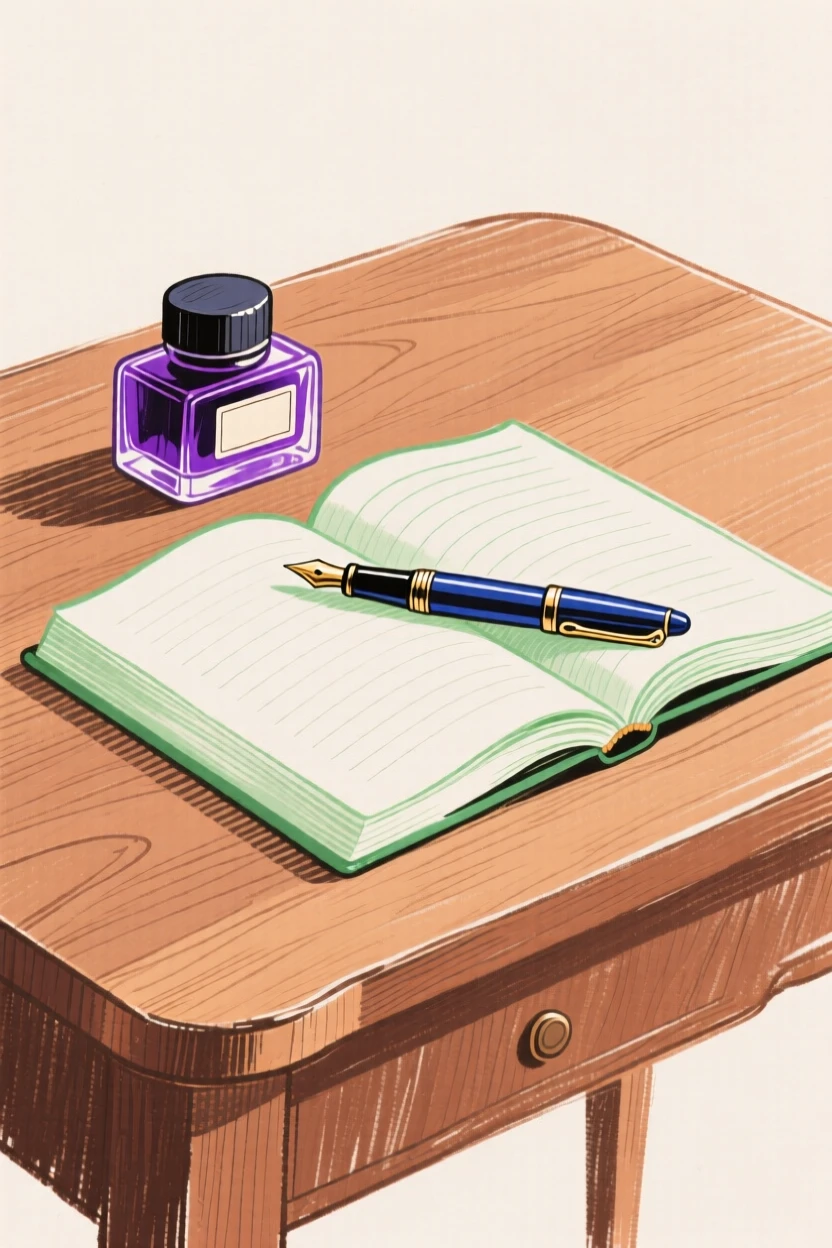 A wooden desk with a fountain pen, ink bottle, and open journal.
