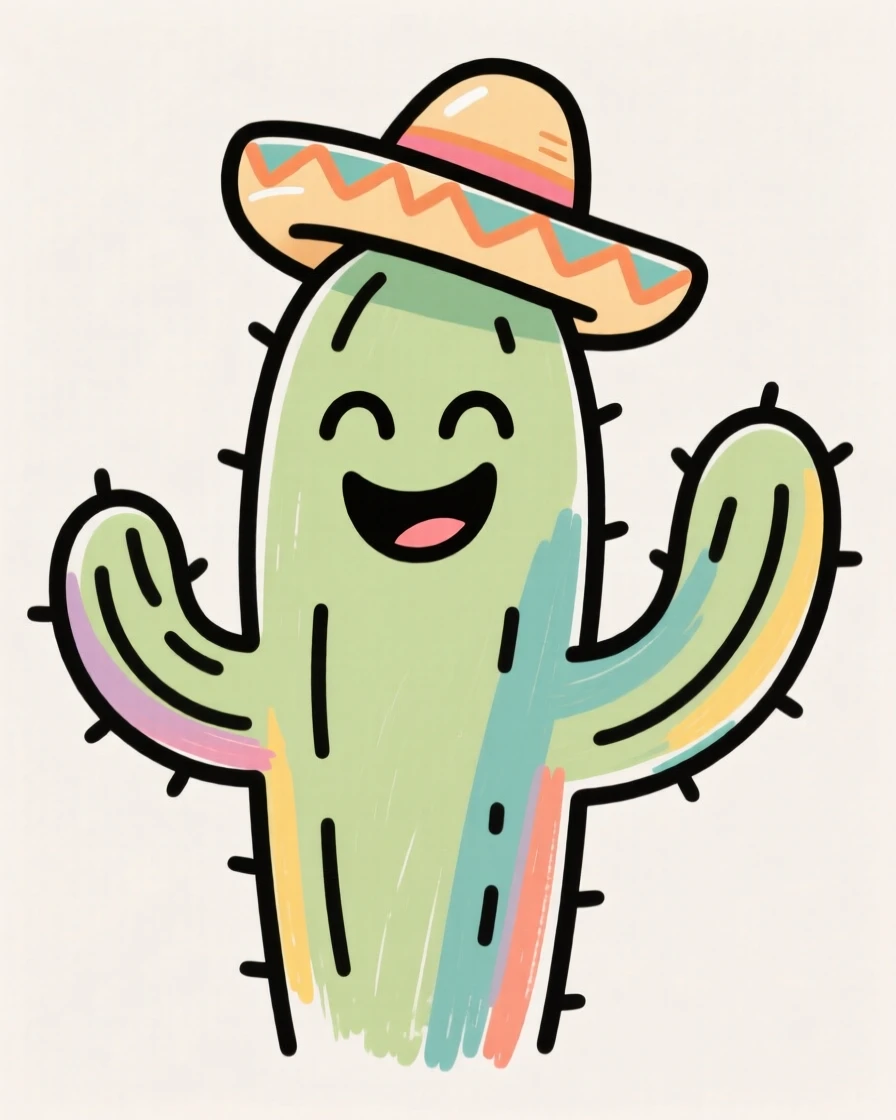 A happy cartoon cactus wearing a tiny sombrero.