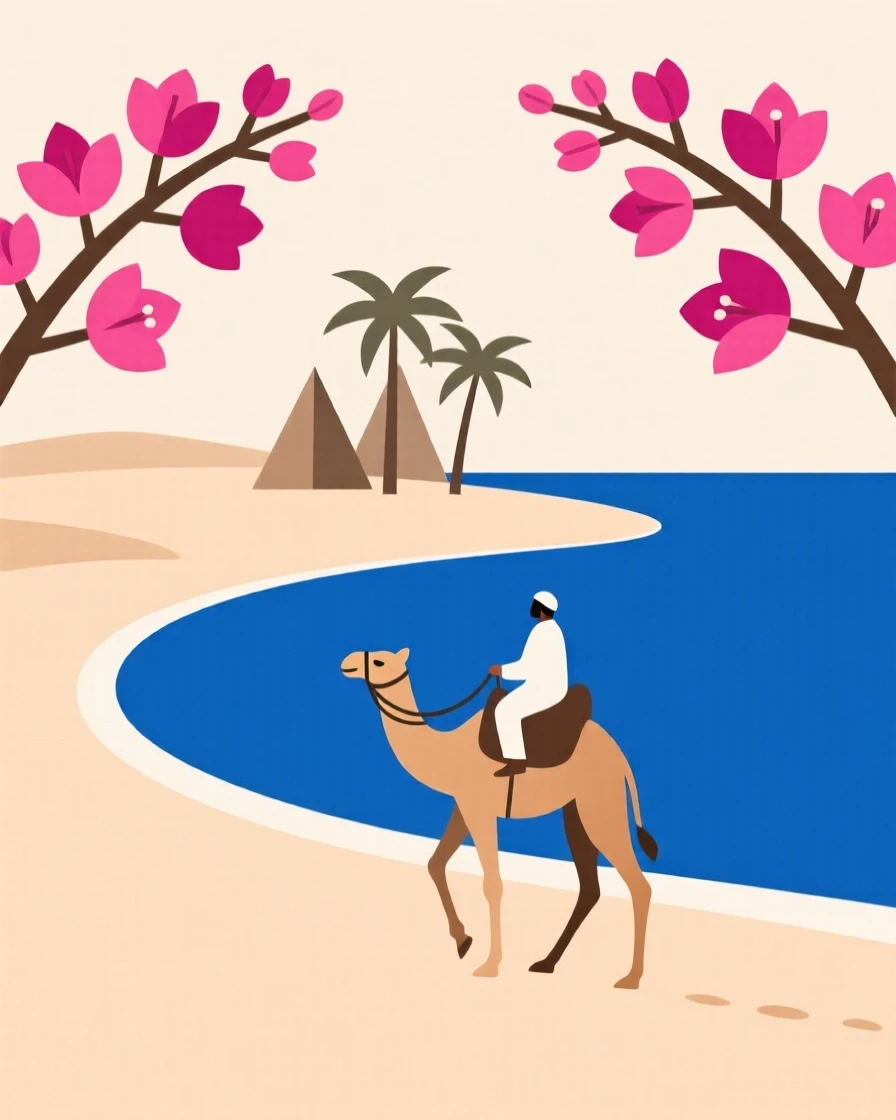 A view of a desert caravan at a remote island shoreline, framed by blooming bougainvillea, capturing cultural wonder.