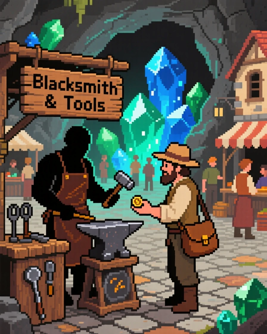 A village blacksmith trading with a merchant in a busy town square, inside a mine filled with glowing gems.