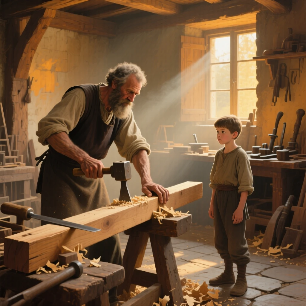 A well-framed scene of a young apprentice watching a master carpenter shape a wooden beam, at golden hour, in antiquity.