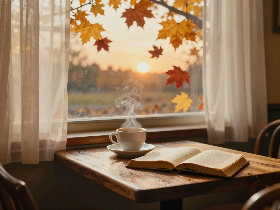 A cozy café corner with a steaming cup beside an open book, in soft window light, as heat shimmers over the ground, as autumn leaves turn gold and red, in warm honey and cream tones, from behind, looking toward the horizon.