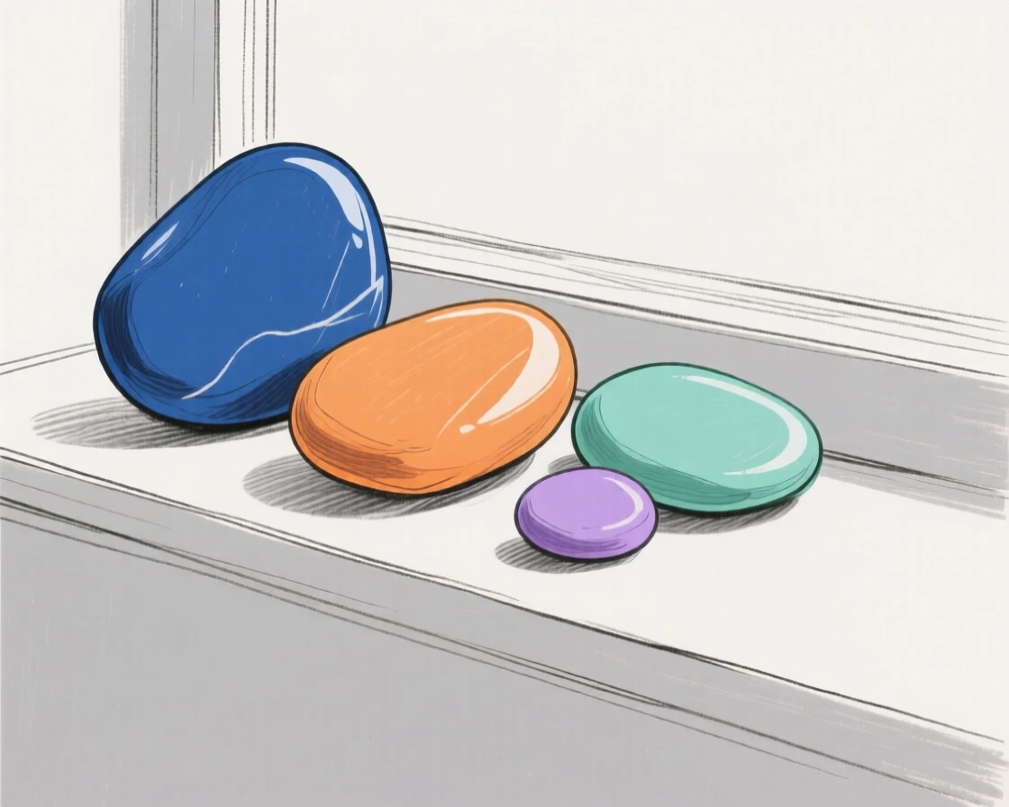 A collection of polished stones arranged on a windowsill.