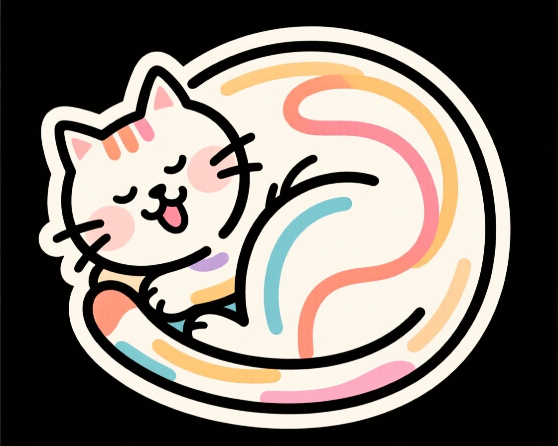 A round cartoon cat curled into a ball, purring contentedly.