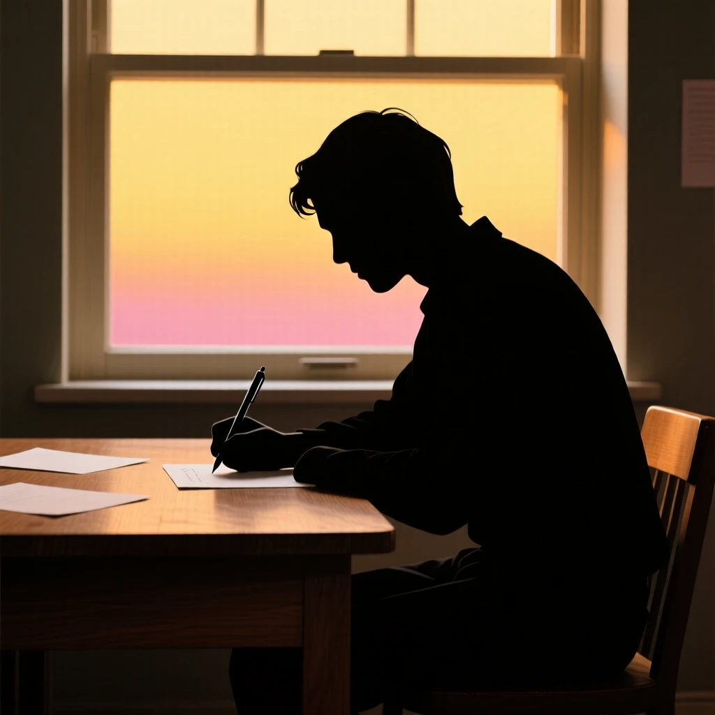 A person writing a letter by hand at a wooden desk beside a window.