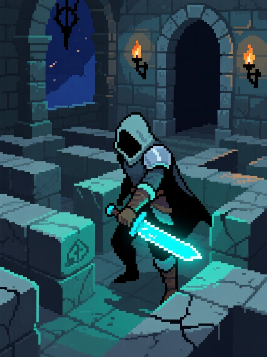 A rogue with a glowing dagger navigating a maze of ancient stone puzzles, within a haunted castle at midnight.