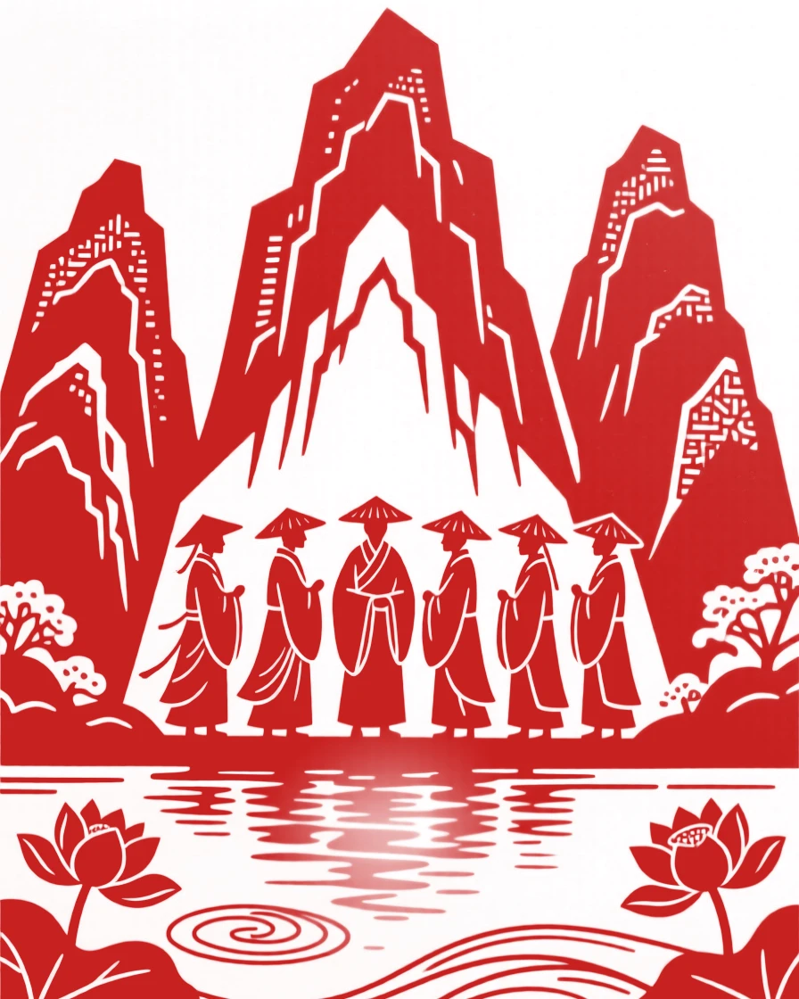 A composition of a group of pilgrims beneath towering karst peaks, the last light of day catching the water's surface.
