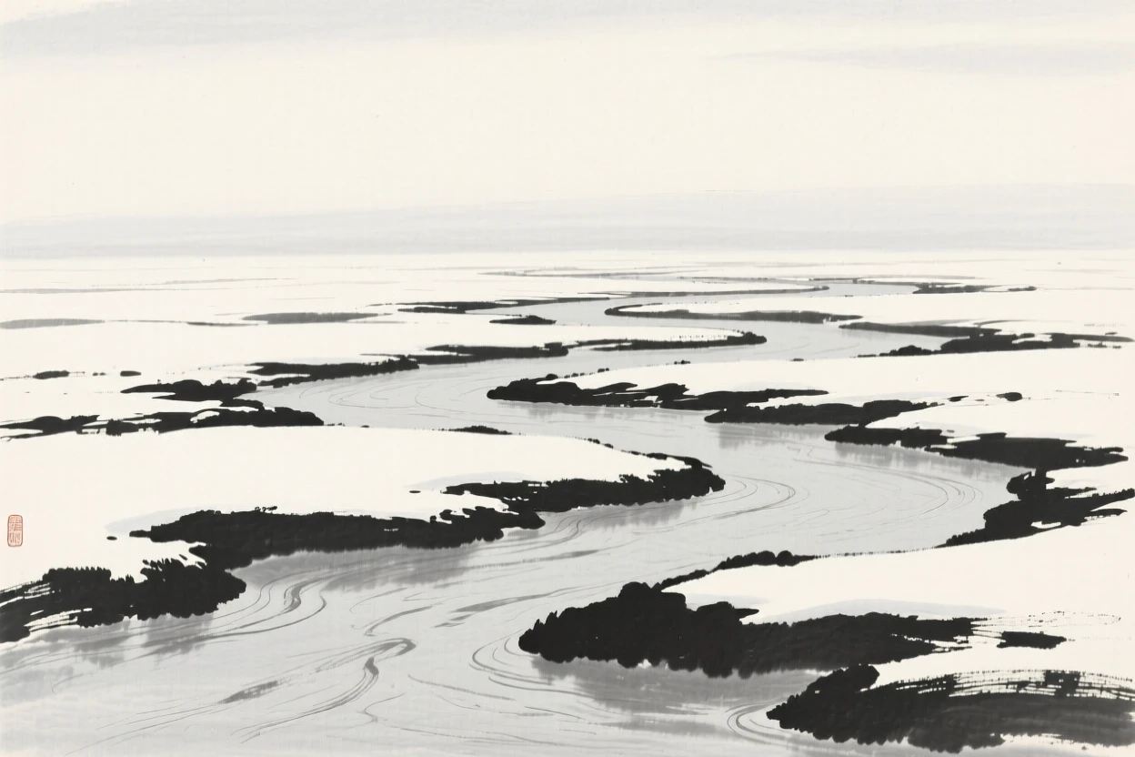 A wide river delta branching into countless quiet channels under a pale winter sky heavy with unfallen snow, composed with wide open space above to emphasize the scale of the sky, carrying a feeling of timeless peace and stillness.