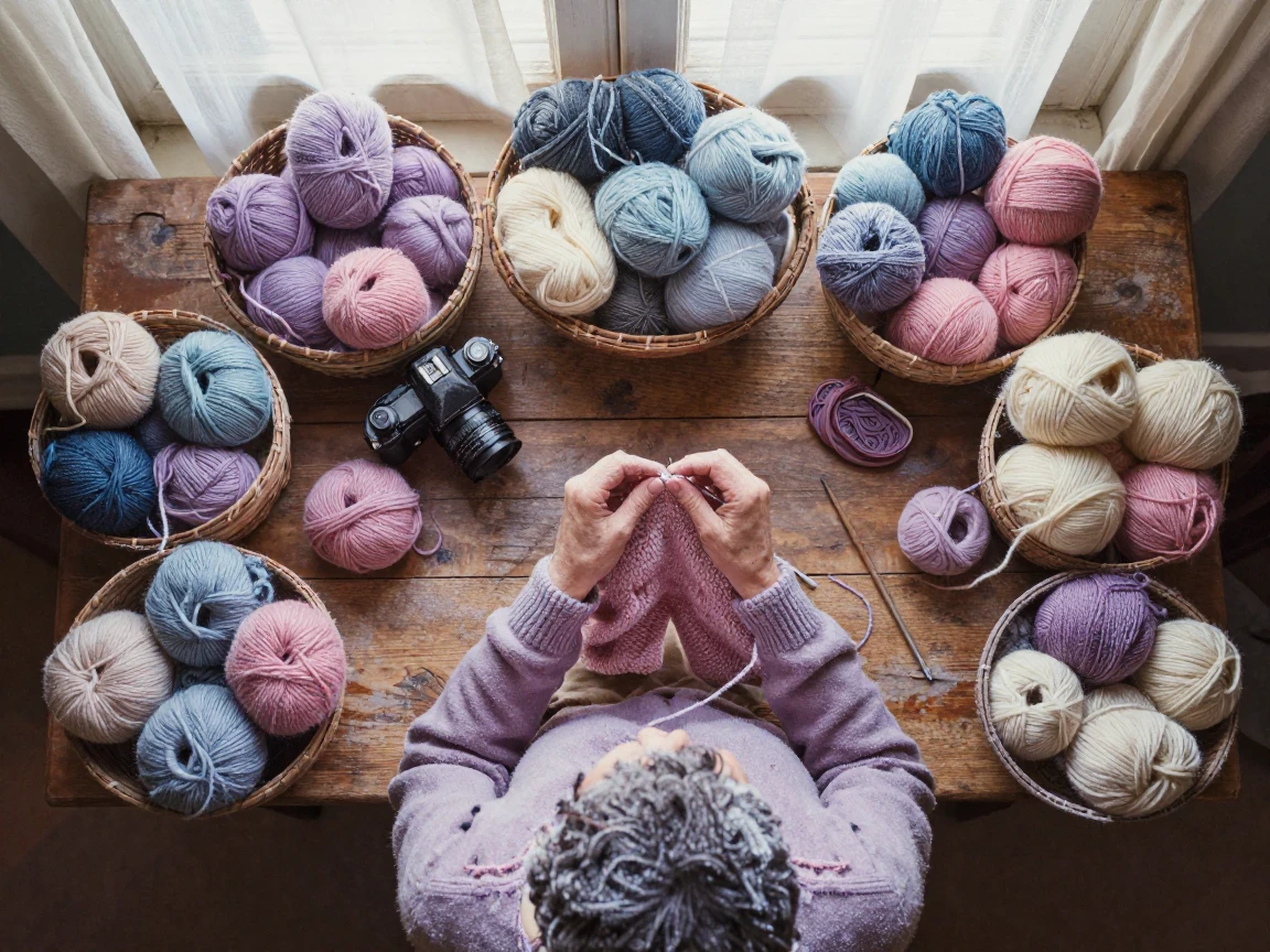 A knitter surrounded by baskets of colorful yarn, in soft window light, with frost coating every surface, in the height of summer, in dusty lavender and rose tones, shot from directly overhead.