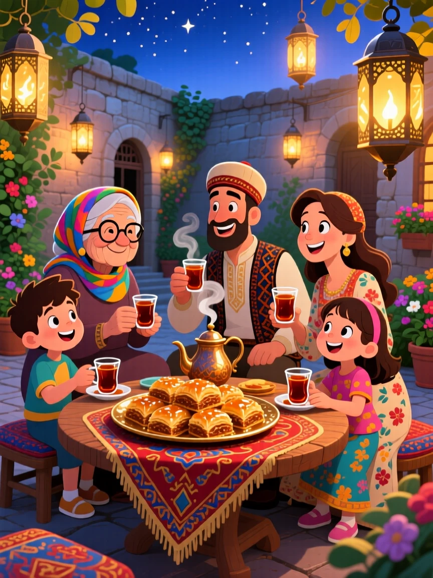 A family in Turkey sharing baklava and tea in a lantern-lit courtyard.