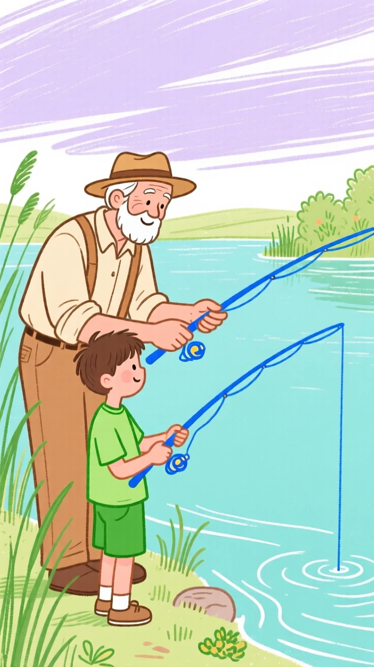 A grandfather teaching his grandson to fish at a quiet lake.