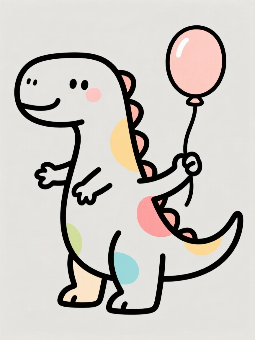 A cute cartoon dinosaur holding a small balloon in its claw.