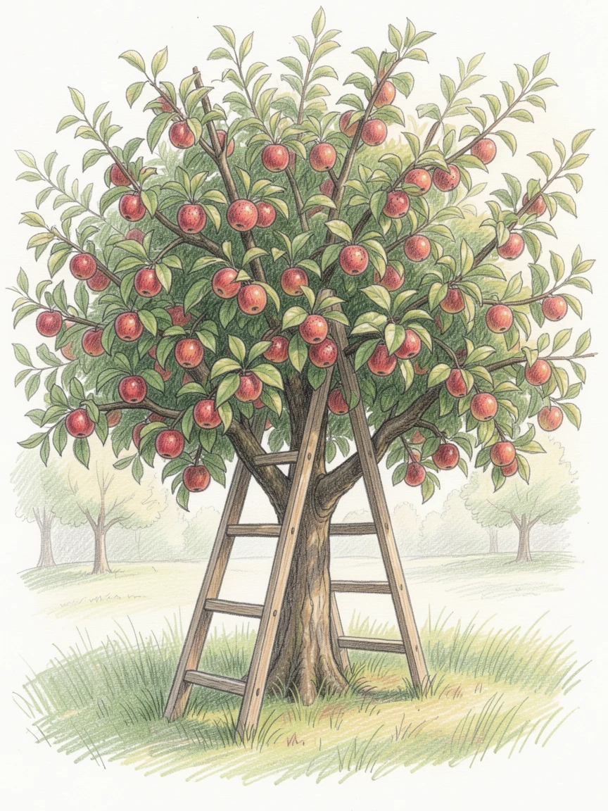 A rustic apple orchard with a wooden ladder leaning against a laden tree, with soft, natural light bringing warmth to every detail, capturing a quiet story that lingers with the viewer.