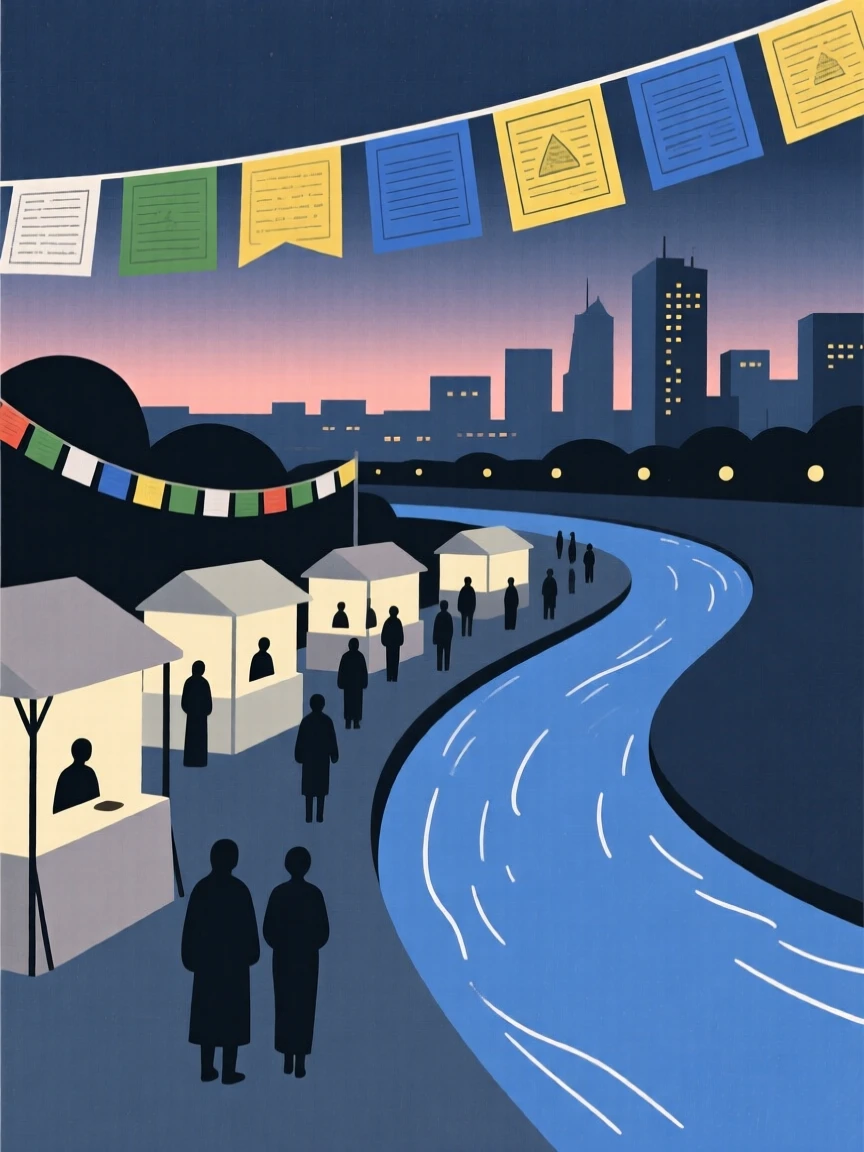 A view of a bustling night market at a riverside city at dusk, framed by fluttering prayer flags, capturing quiet discovery.