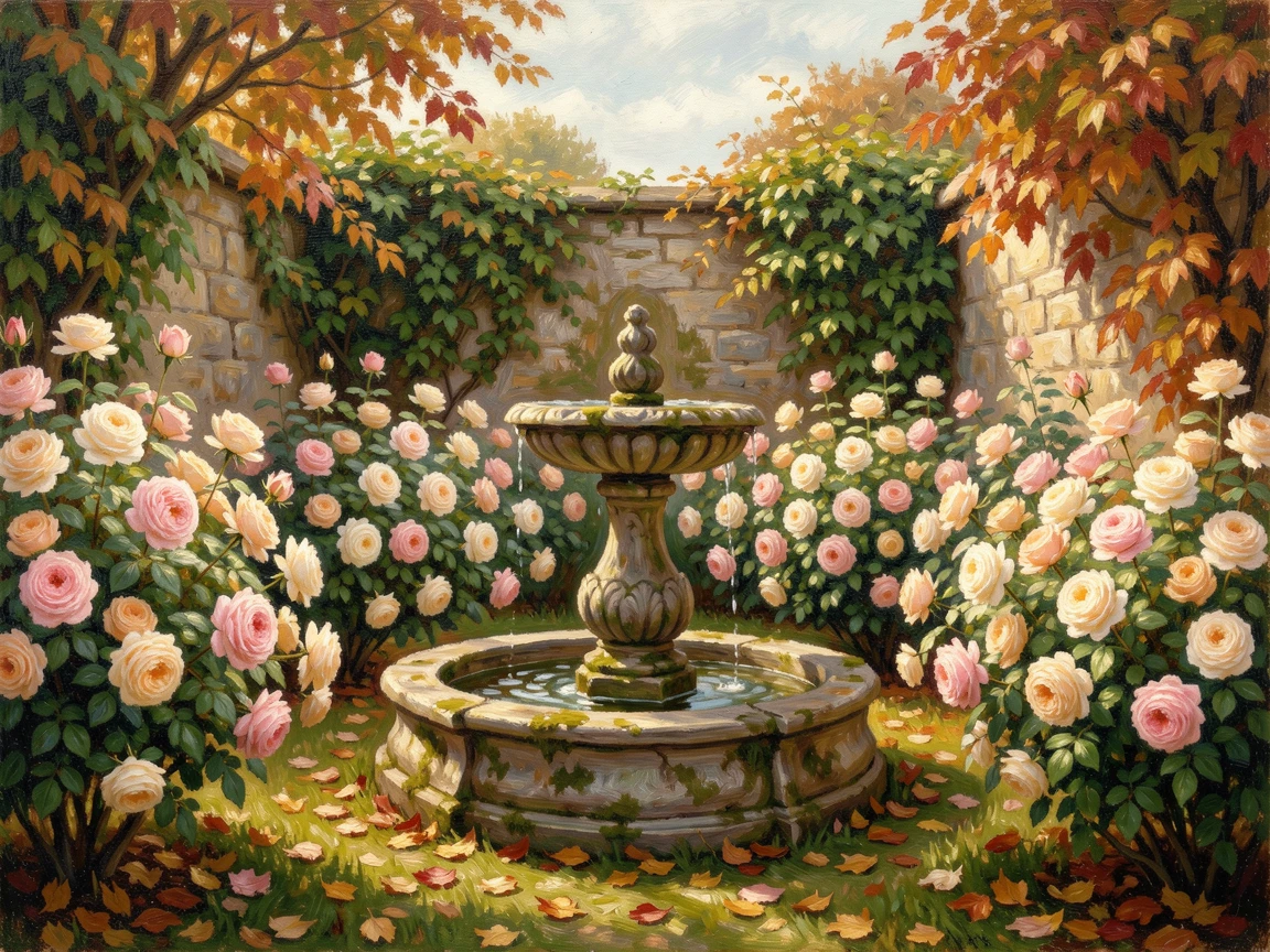 An old English rose garden with a weathered stone fountain at its center, ivy climbing the surrounding walls, as autumn leaves begin to fall, radiating joy and gentle celebration.