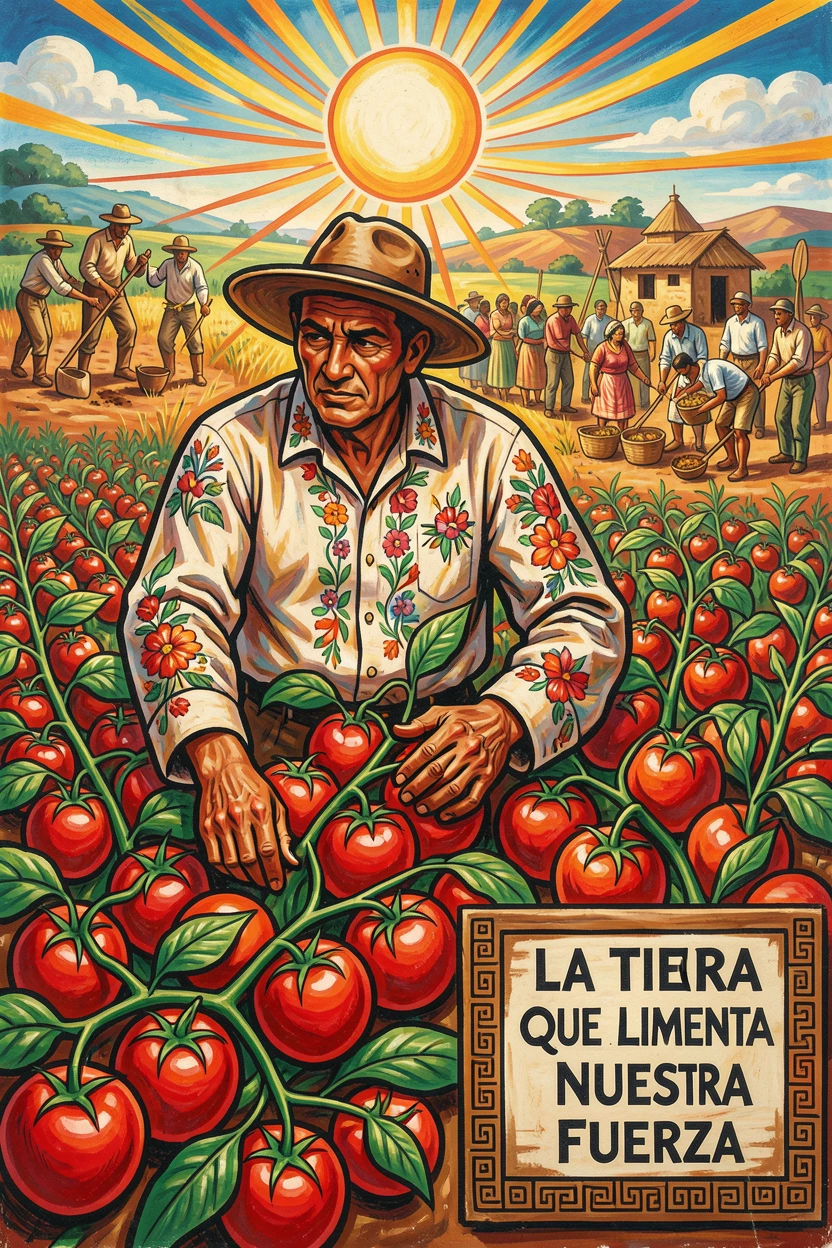 A farmer tending rows of tomatoes in a sunlit garden