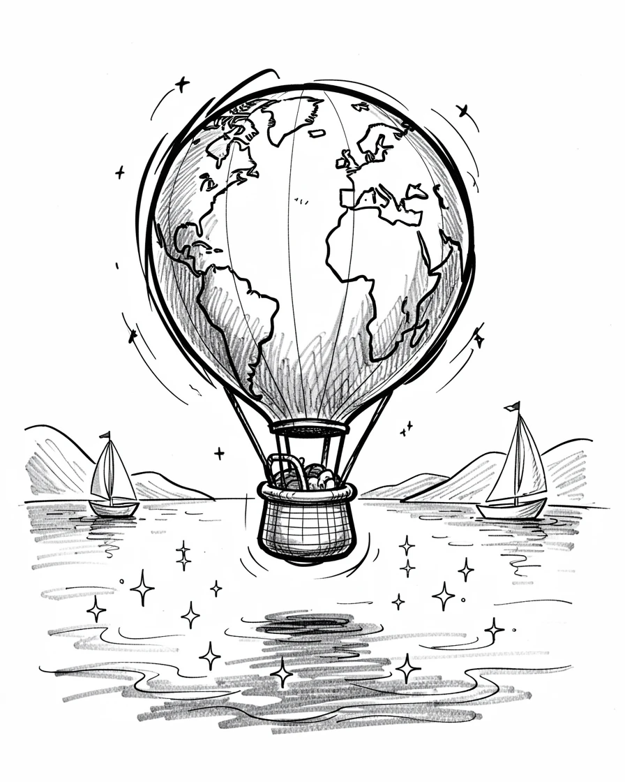 A hot air balloon shaped like a globe sailing across a sparkling bay.