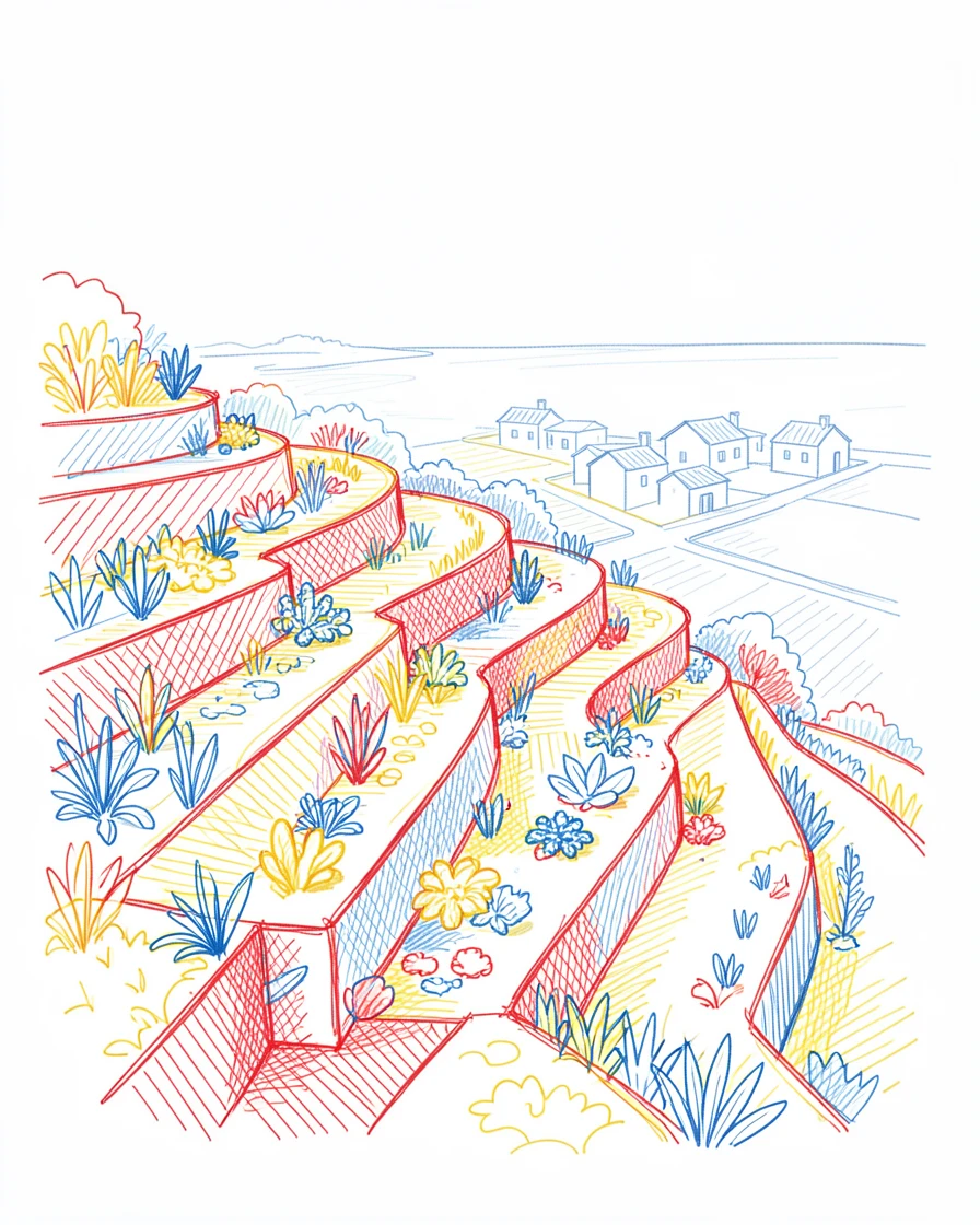 A colorful terraced garden cascading down toward a coastal town
