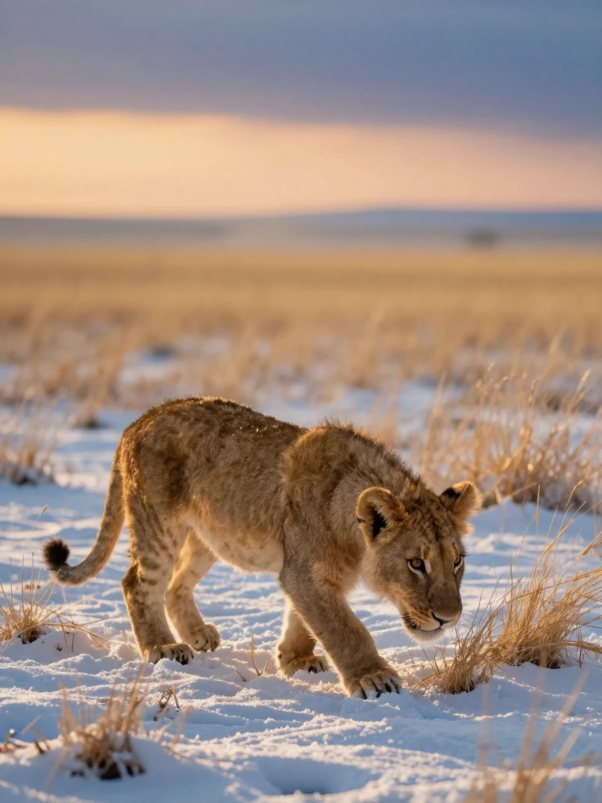 A young lion cub foraging quietly through fresh snow across an open golden savanna as the day slowly fades