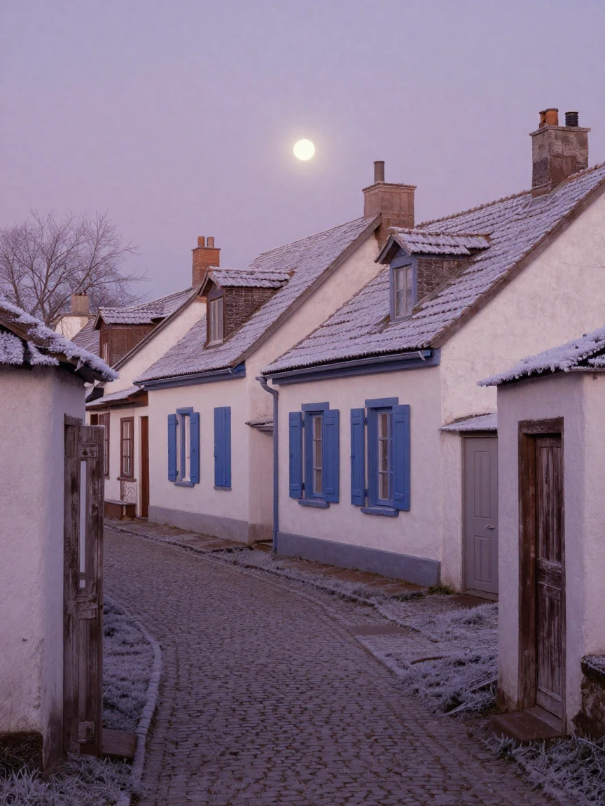 Whitewashed houses with blue shutters lining a narrow village lane, under moonlight, with frost coating every surface, in early spring, in dusty lavender and rose tones, framed through an open doorway.