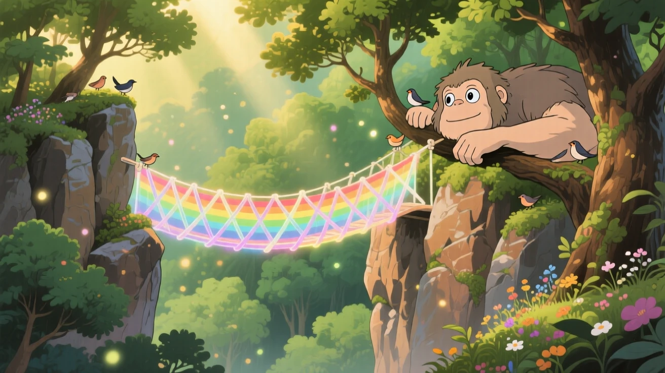 A bridge made of woven rainbow light connecting two cliffs, where a gentle giant resting among the treetops can be seen nearby, the atmosphere quietly enchanting.