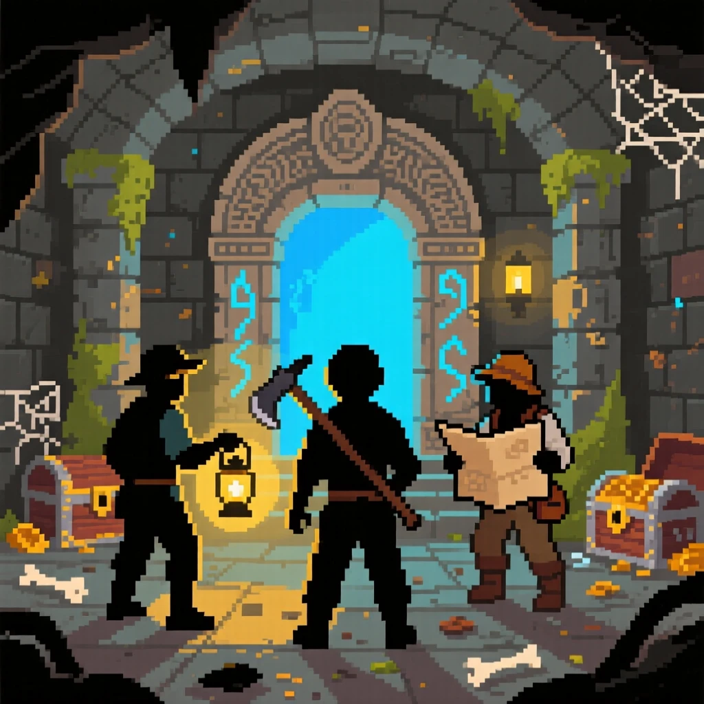 A small band of treasure hunters discovering a hidden shrine deep underground, within a sprawling underground dungeon.