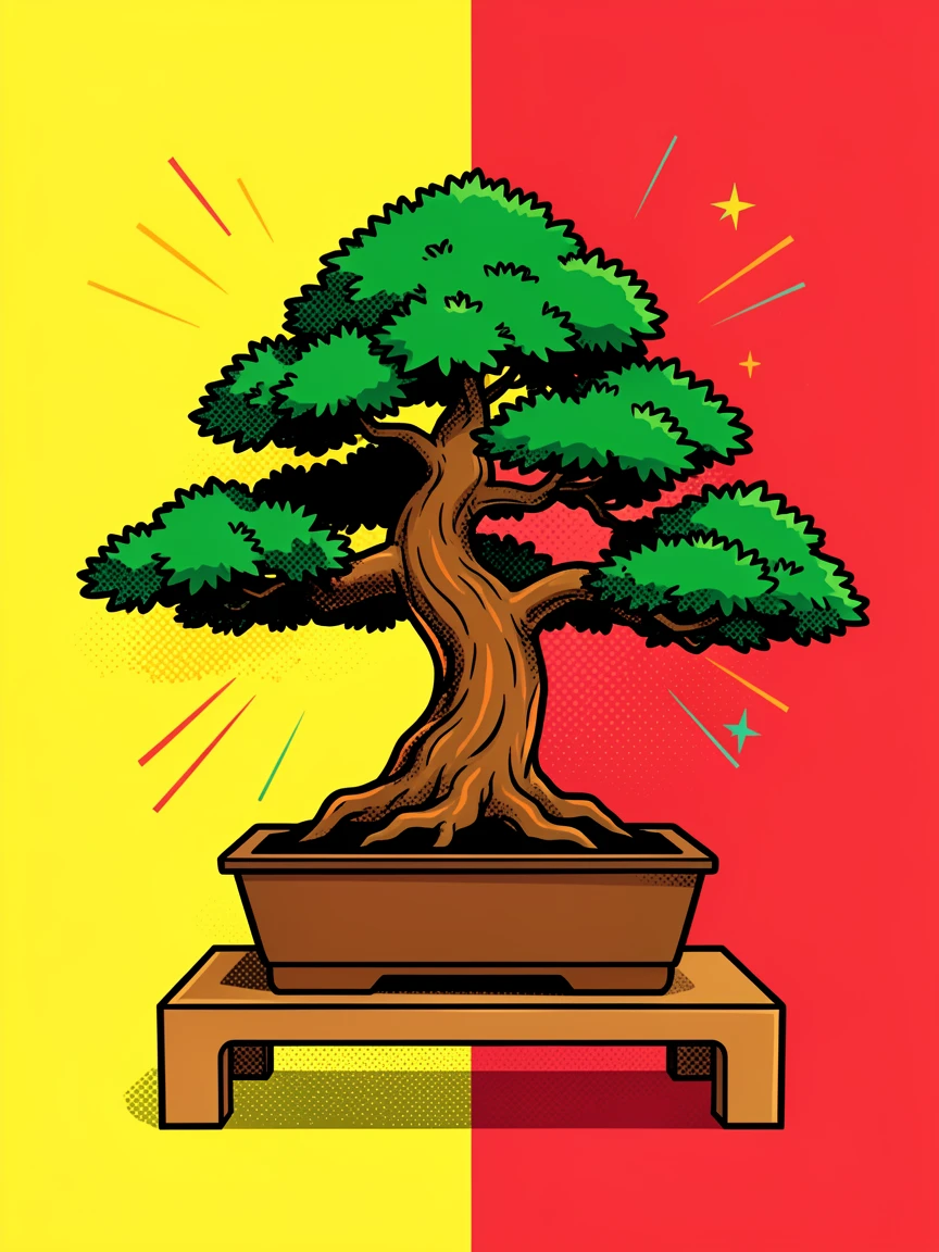 A bonsai tree carefully pruned on a wooden stand