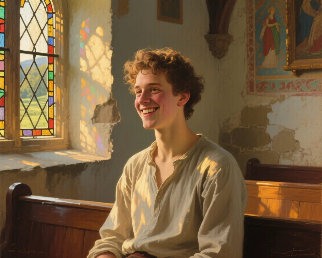 An intimate close-up of a handsome young man in a quiet countryside chapel, brimming with joy, at golden hour.