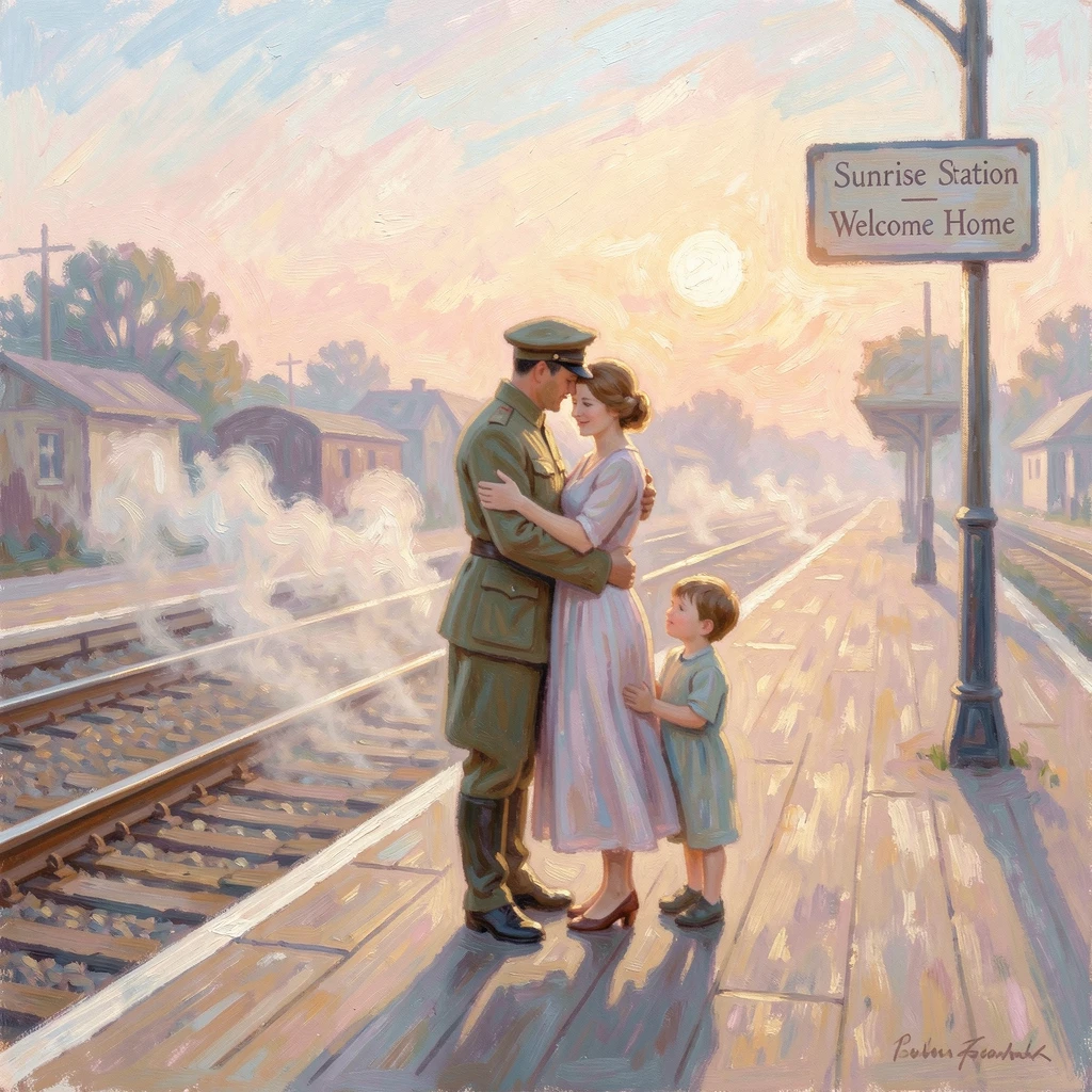 A soldier reunited with his family, embracing them tightly on a train platform filled with steam and light, as the first light of dawn breaks.