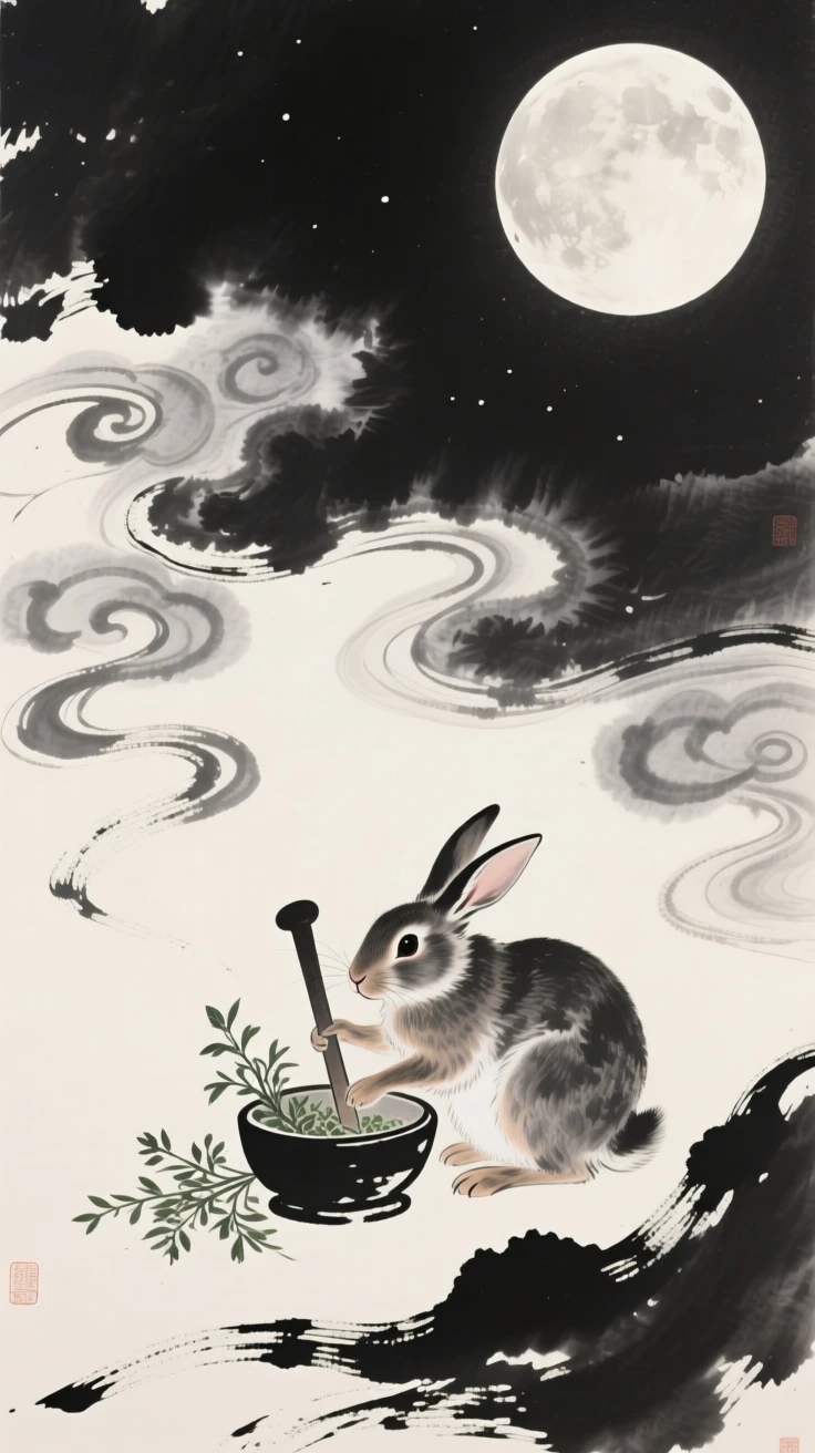 A moon rabbit pounding herbs beneath a full moon within a swirl of luminous cloud, composed with sweeping, dynamic movement across the frame, evoking wonder, myth, and quiet reverence.