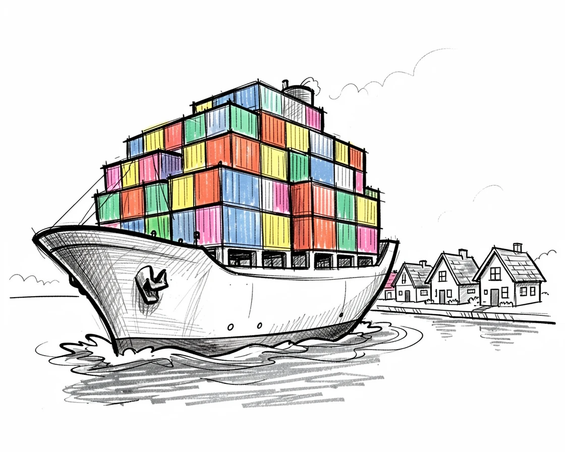 A cargo ship stacked with colorful containers touring a quiet lakeside village.