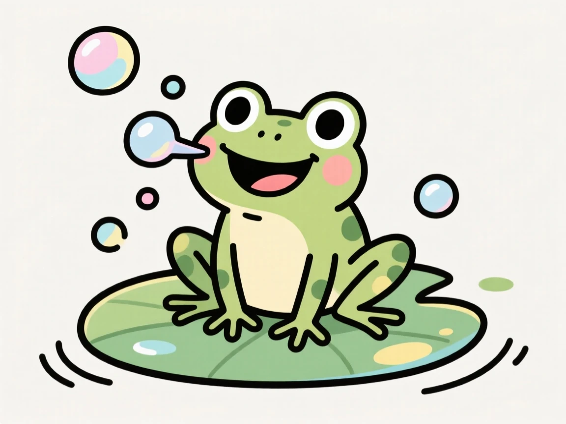 A cheerful cartoon frog sitting on a lily pad blowing bubbles.